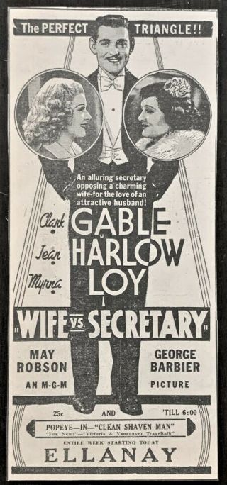 1936 Movie Ad.  - Clark Gable,  Jean Harlow,  Myrna Loy -