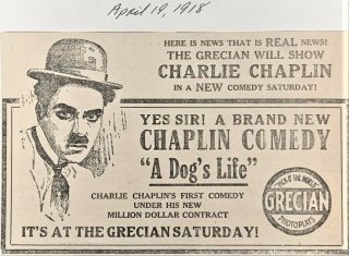 1918 Charlie Chaplin Silent Film Ad.  - " A Dogs Life "