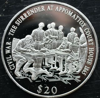 2000 Liberia $20 Dollars.  999 Silver Proof Civil War The Surrender At Appomattox
