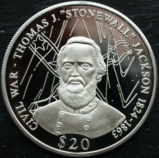 2000 Liberia $20 Dollars.  999 Silver Proof Civil War Thomas J.  Stonewall Jackson