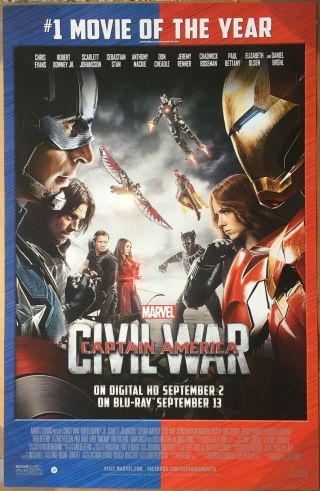 Captain America Civil War Dvd Movie Poster 1 Sided 26x40 Chris Evans