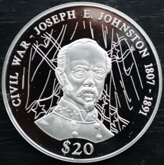 2000 Liberia $20 Dollars.  999 Silver Proof Civil War Joseph E.  Johnston