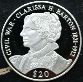 2000 Liberia $20 Dollars.  999 Silver Proof Civil War Clarissa H.  Barton