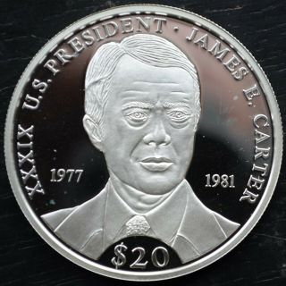 2000 Liberia $20 Dollars.  999 Silver Proof Xxxix U.  S.  President James E.  Carter