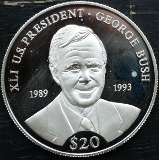 2000 Liberia $20 Dollars.  999 Silver Proof Xli U.  S.  President George Bush