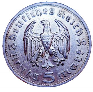 German 1936 A 5 Mark Ww2 Silver Coin Third Reich Reichsmark