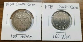 1959 South Korea 100 Hwan Coin Km 3 & 1993 South Korea 100 Won Coin Km 35