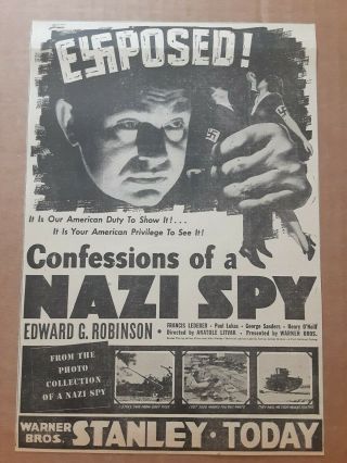 1939 Confessions Of A Nazi Spy Newspaper Ad Edward G.  Robinson