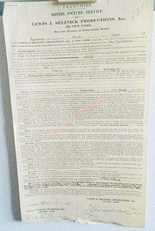 Lewis Selznick Prod Film Contract 1917 For Panthea Peoples Theatre Sunbury Pa