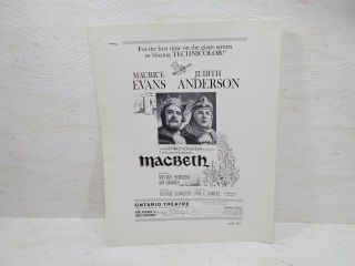 Macbeth Ad - Sheet Or Press Sheets,  Maurice Evans,  Judith Anderson Ontario Theatre
