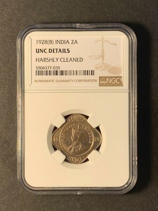 India George V 2 Annas 1928 Bombay Uncirculated Ngc Unc Cleaned