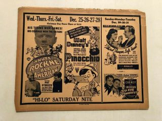Vintage 1940 Walker Theatre Ad - Knute Rockne - All American,  Pinocchio