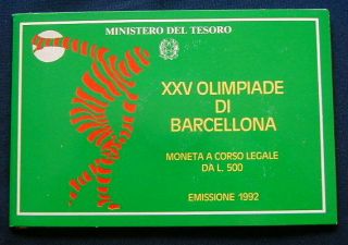 1992 Italy 500£ Silver Coin Spain Barcelona Olympics Unc/bu In Official Folder