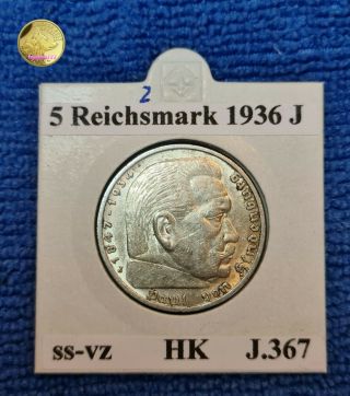 Germany Third Reich 5 Reichsmark 1936 J Hindenburg Swastika Silver Coin J.  367 (2