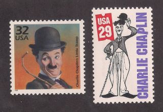Charlie Chaplin - Silent Film Actor - 2 U.  S.  Postage Stamps -