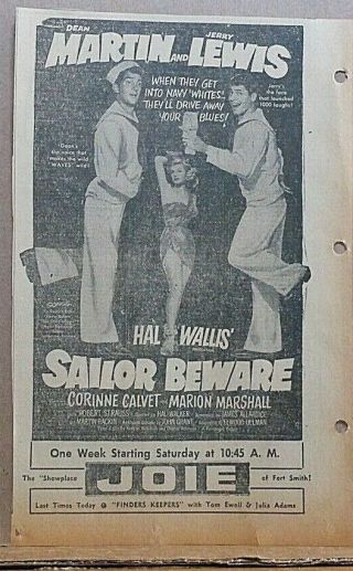 Large 1952 Newspaper Ad For Movie Sailor Beware - Dean Martin & Jerry Lewis