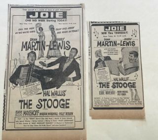 Two 1953 Newspaper Ads For Movie The Stooge - Dean Martin & Jerry Lewis Comedy