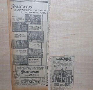 Two 1961 Newspaper Ads For Movie Spartacus - Kirk Douglas,  Laurence Olivier