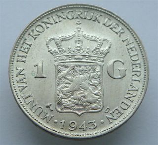 Netherlands East Indies,  1 Gulden,  1943,  D,  Km330,  Silver 720,  Unc,  Wilhelmina