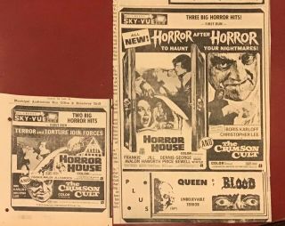 2 1970 Newspaper Ads For Movies Horror House,  The Crimson Cult,  Queen Of Blood