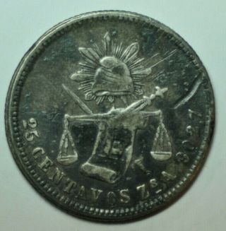 Mw15934 Mexico; Silver 25 Centavos 1876 Zs A Zacatecas Km 406.  9