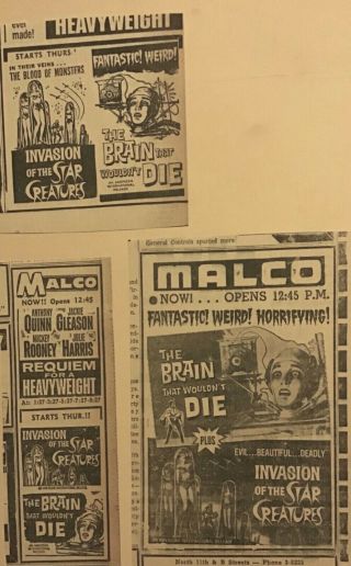 3 1962 Newspaper Ads For Movies Brain That Wouldn 
