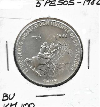 1982 Hidalgo Don Quijote Spain Central America 5 Pesos 999 Silver Coin Km 100