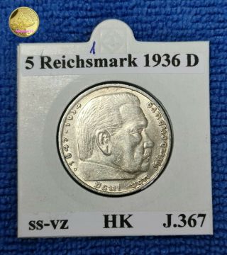 Germany Third Reich 5 Reichsmark 1936 D Hindenburg Swastika Silver Coin J.  367 (1