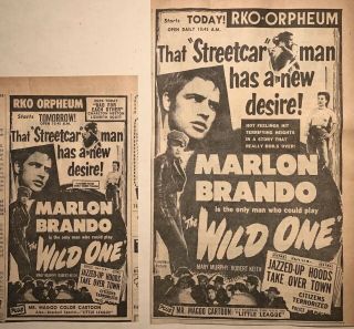 2 1954 Newspaper Ads For Movie The Wild One - Marlon Brando Gang Takes Over Town