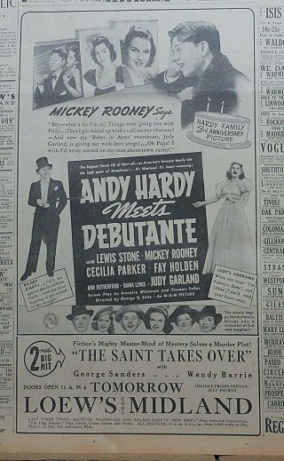 1940 Newspaper Ad For Movie Andy Hardy Meets Debutante - Judy Garland,  M.  Rooney