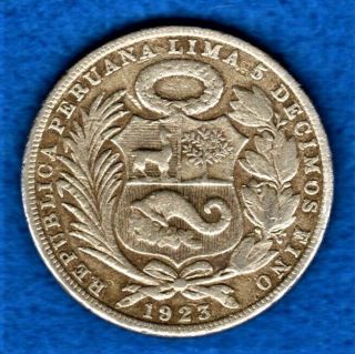 1923 Peru Un Sol Large Silver Dollar Crown Size Seated Liberty Vf,  Scarce Nor