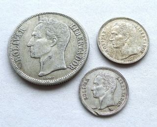 Venezuela Silver X 3: 2 Bolivar 1945,  50 Centimos 1954 (aunc),  25 Centavos 1960.