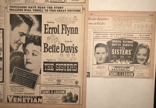 Two 1938 Newspaper Ads For Movie The Sisters - Bette Davis,  Errol Flynn Drama