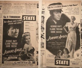 Two 1945 Newspaper Ads For Movie Johnny Angel - Film Noir,  George Raft