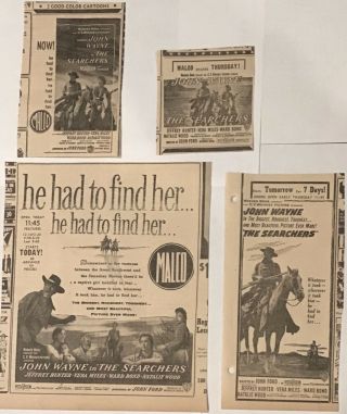 Four 1956 Newspaper Ads For Movie The Searchers - John Wayne Classic Western