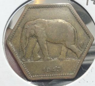 Belgium Congo Km25.  2 Francs 1943 Elephant Pentagonal Coin