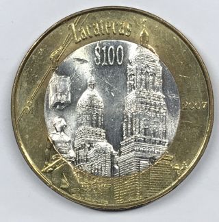 2007 Mo Mexico Zacatecas 100 Peso Bi - Metallic Coin, .  925 Silver Center Km 861