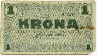 1941 Iceland 1 Krona Circulated Priced Right Inv 571