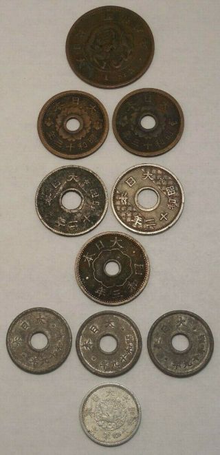 Japan - 1875 1 Sen,  1940 1 Sen,  1932 10 Sen,  1934 10 Sen,  1938 10 Sen,  1944 10 Sen