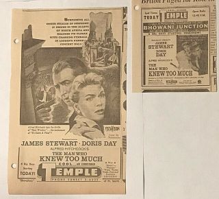 Two 1956 Newspaper Ads For Movie The Man Who Knew Too Much - Hitchcock Thriller