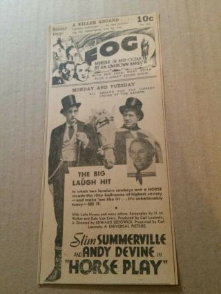 1934 Fog Movie Newspaper Ad Don Cook Mary Brian