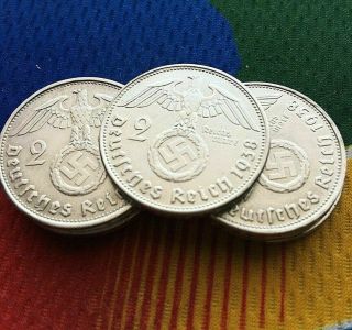 1938 A 2 Mark German Wwii Silver (1) Coin Third Reich Swastika Reichsmark