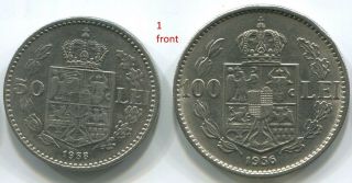 Romania C110 1936,  100 Lei Km 54,  1938,  50 Lei Km 55,  Set Of 2 Xf Coins