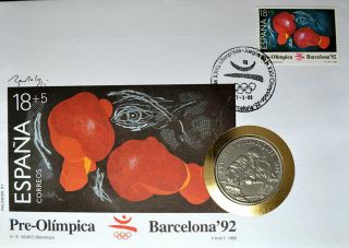 CONGO 100 Francs 1991 BU ' Barcelona Olympics - Boxers ',  Cover w/stamp 3