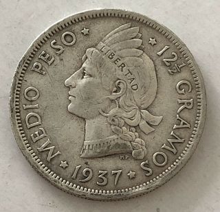 1937 Dominican Republic Silver 1/2 Medio Peso Coin