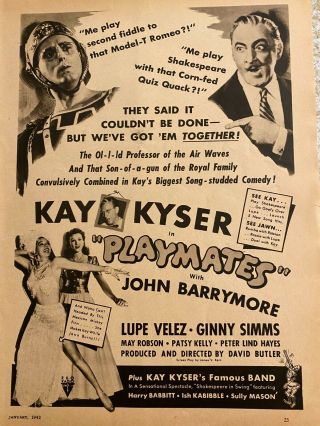 Playmates,  Lupe Velez,  John Barrymore,  Full Page Vintage Promotional Ad