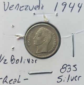 1944 Venezuela 1/2 Bolivar Silver Coins Gram 2.  500