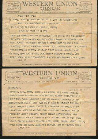Beatles Ultra Rare February 1964 Ed Sullivan Show Telegram Documents