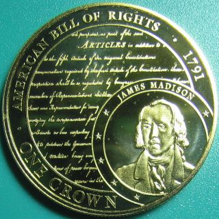 2015 TRISTAN DA CUNHA 1 CROWN AMERICAN BILL OF RIGHTS PROOF - LIKE 24K GOLD PLATED 2
