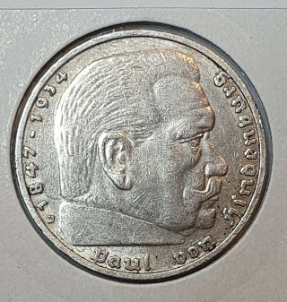 Germany Third Reich 5 Reichsmark 1936 D Hindenburg Swastika Silver Coin J.  367 (2